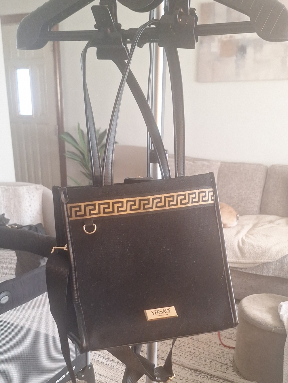 Versace Black and Gold Greek Key Satchel